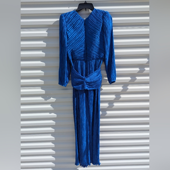 Vintage Lillie Rubin Royal Blue accordion pleat criss cross cummerbund maxi dres - Picture 5 of 7